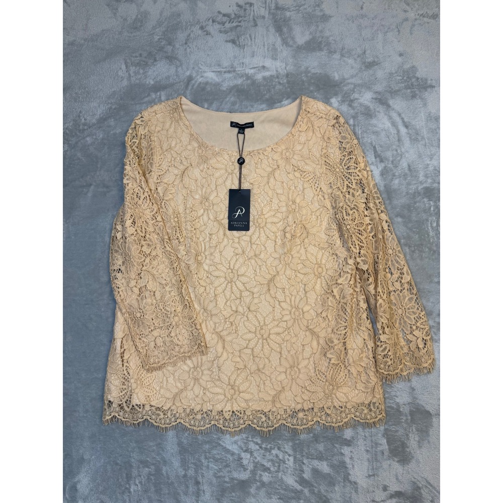 NWT Adrianna Papell Lace Top‎ 3/4 Sleeve Scoop Neck Neutral L